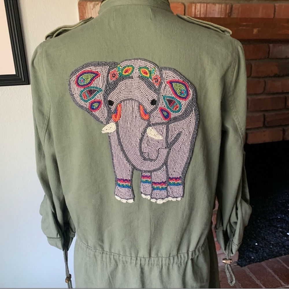 Army Green Beaded Elephant Utility Jacket Women’s Medium Bali Design Stylish Fun